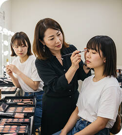 講師が生徒にメイクを施す様子の写真